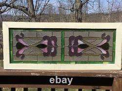 Stained Glass Window Panel, Wooden Frame, Leaded Glass Art Nouveau Style EUC