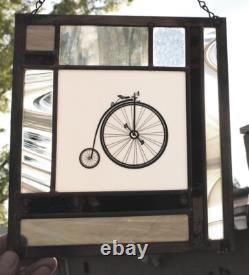Stained Glass Window Panel antique bicycle black white grey