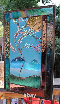 Stained Glass Window Panel bevel glass windy tree turquoise blue purple