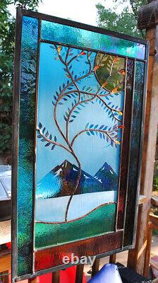 Stained Glass Window Panel bevel glass windy tree turquoise blue purple