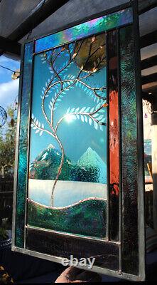 Stained Glass Window Panel bevel glass windy tree turquoise blue purple