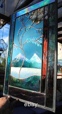 Stained Glass Window Panel bevel glass windy tree turquoise blue purple