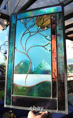 Stained Glass Window Panel bevel glass windy tree turquoise blue purple