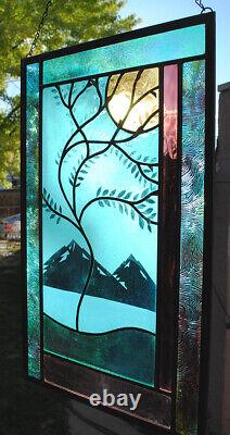 Stained Glass Window Panel bevel glass windy tree turquoise blue purple