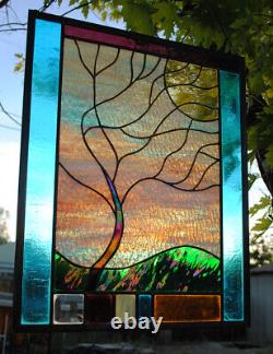 Stained Glass Window Panel bevel glass windy tree turquoise gold purple