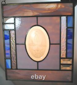 Stained Glass Window Panel beveled columbine etched purple blue