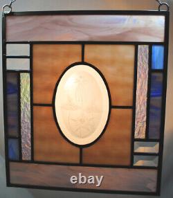 Stained Glass Window Panel beveled columbine etched purple blue