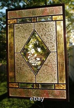 Stained Glass Window Panel butterfly flowers gold beveled glass champagne peach