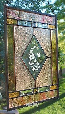 Stained Glass Window Panel butterfly flowers gold beveled glass champagne peach