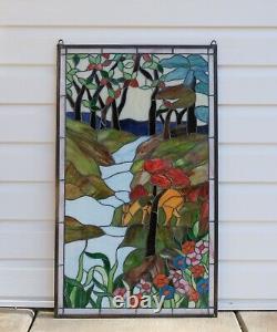 Stained Glass Window Panel deer drinking water, 20.25 x 34.25