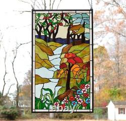 Stained Glass Window Panel deer drinking water, 20.25 x 34.25