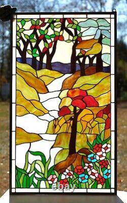 Stained Glass Window Panel deer drinking water, 20.25 x 34.25