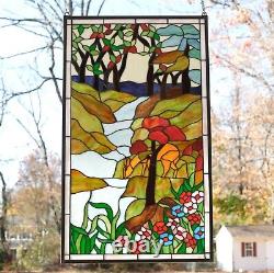 Stained Glass Window Panel deer drinking water, 20.25 x 34.25