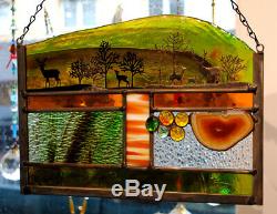 Stained Glass Window Panel deer trees earth colors