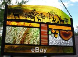 Stained Glass Window Panel deer trees earth colors