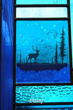 Stained Glass Window Panel deer turquoise blue landscape