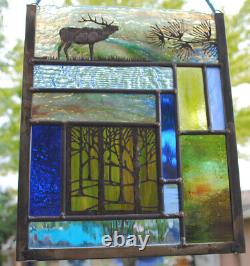 Stained Glass Window Panel elk green blue forest