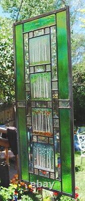 Stained Glass Window Panel four seasons aspen forest beveled iridized green