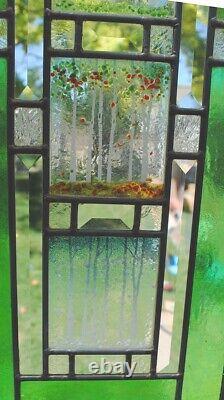 Stained Glass Window Panel four seasons aspen forest beveled iridized green