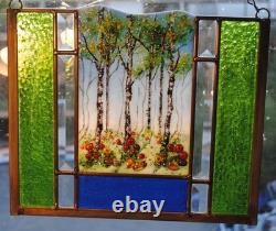 Stained Glass Window Panel hand painted art aspen forest flowers blue green