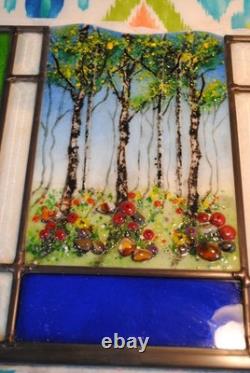 Stained Glass Window Panel hand painted art aspen forest flowers blue green