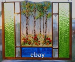 Stained Glass Window Panel hand painted art aspen forest flowers blue green