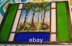 Stained Glass Window Panel hand painted art aspen forest flowers blue green