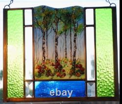 Stained Glass Window Panel hand painted art aspen forest flowers blue green