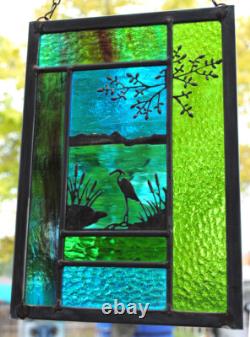 Stained Glass Window Panel heron cattails turquoise blue green