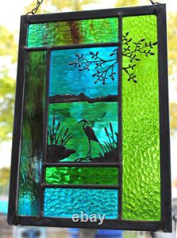 Stained Glass Window Panel heron cattails turquoise blue green