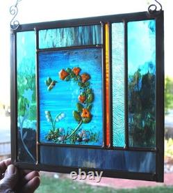 Stained Glass Window Panel heron cattails turquoise blue green