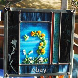 Stained Glass Window Panel heron cattails turquoise blue green