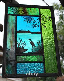 Stained Glass Window Panel heron cattails turquoise blue green