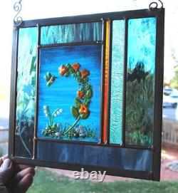 Stained Glass Window Panel heron cattails turquoise blue green