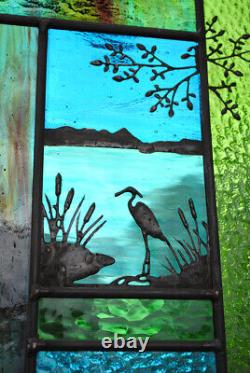 Stained Glass Window Panel heron cattails turquoise blue green