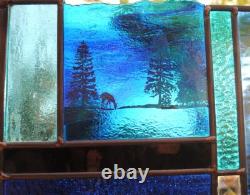 Stained Glass Window Panel heron cattails turquoise blue green
