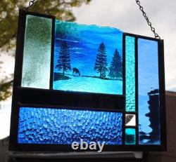 Stained Glass Window Panel heron cattails turquoise blue green