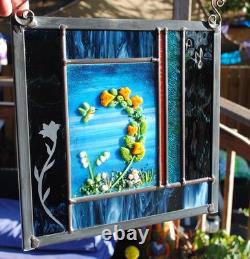 Stained Glass Window Panel heron cattails turquoise blue green