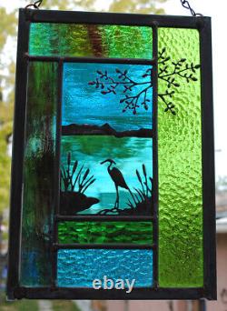 Stained Glass Window Panel heron cattails turquoise blue green