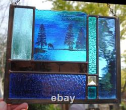 Stained Glass Window Panel heron cattails turquoise blue green
