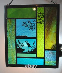 Stained Glass Window Panel heron lake cattails tree turquoise blue