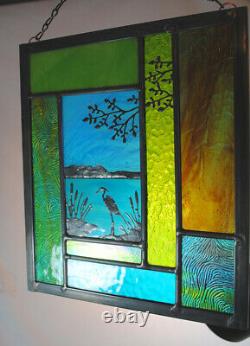 Stained Glass Window Panel heron lake cattails tree turquoise blue