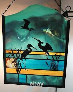 Stained Glass Window Panel heron lake landscape turquoise gold blue cattails