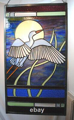 Stained Glass Window Panel heron lake landscape turquoise gold blue cattails