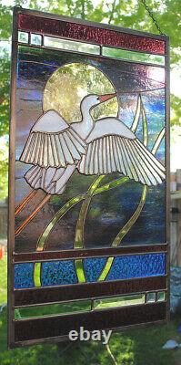 Stained Glass Window Panel heron lake landscape turquoise gold blue cattails