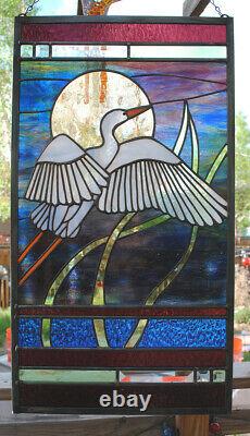 Stained Glass Window Panel heron lake landscape turquoise gold blue cattails