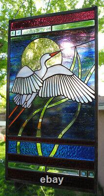 Stained Glass Window Panel heron lake landscape turquoise gold blue cattails