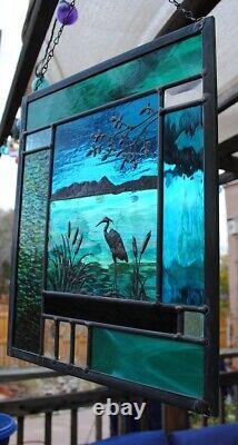 Stained Glass Window Panel large heron cattails turquoise blue green