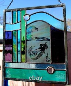 Stained Glass Window Panel mermaid turquoise blue green