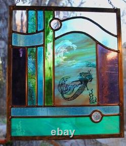 Stained Glass Window Panel mermaid turquoise blue green